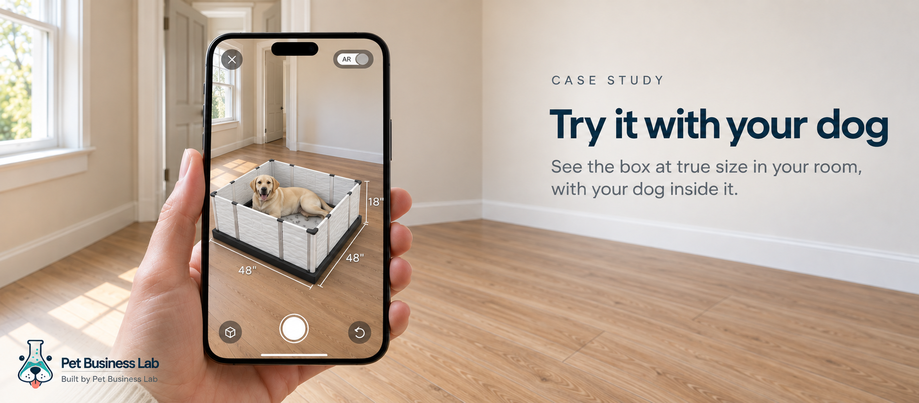 Phone showing a whelping box and a Labrador placed at true scale in a room