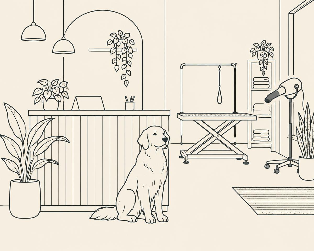 Line drawing of a grooming salon front desk with a dog waiting beside it