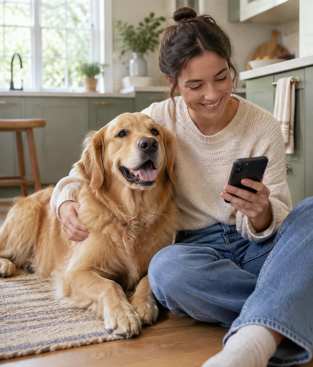 A pet owner sitting at home with a golden retriever, reading an answer on a phone